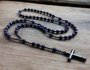 6 mm lapis lazuli stenen kraal hematiet hanger ketting voor mannen vrouwen katholieke Christus rozaris hanger v1912126605402