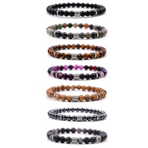 6mm Heren Zakelijke Armband Tijgeroog Streep Agaat Roestvrij Stalen Bedels Zwarte Kralen Energie Strand Sieraden