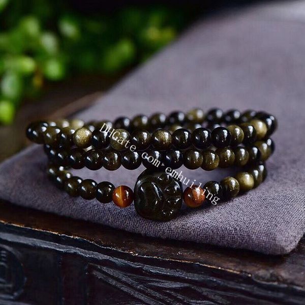 6mm Natural Gold Sheen Obsidian Tiger Tiger Beads Pulseras de la oración Vintage 3 Laps Golden Flash Gemstone Animal Cat Dog Paw Poder Hoja Charm Bead Pulsera