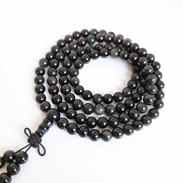 Bracelets de perles rondes en obsidienne naturelle de 6mm, avec yeux arc-en-ciel, méditation de prière 108 Mala BRO501, brins de perles 276J