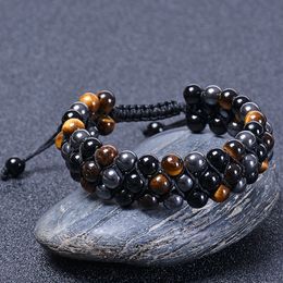 6mm natuursteen gele tijgeroog zwarte agaat drielaags armband gevlochten hematiet 3 rij edelsteen armbanden bangle manchet