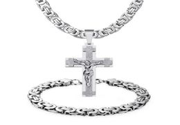 Collier de 6 mm 22039039 24039039 Chaîne Silver Gold Jesus Cross Pendant Bracelet Set Mens Bijoux en acier inoxydable26822667256