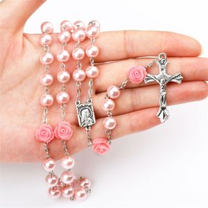 6 mm roze rozenkrans ketting voor vrouwen Rose Glass Kralen ketting Crucifix Cross Inri hangende mannen Religieus gebed Lange sieraden
