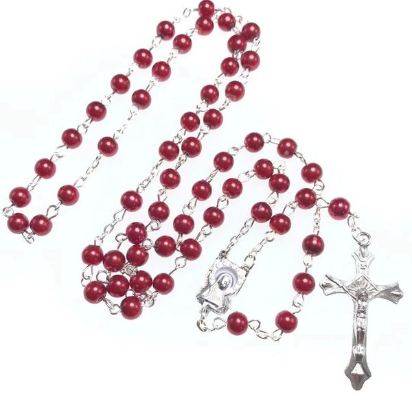 Chapelet religieux rouge en plastique, 6mm, perles à la mode, croix catholique pour femmes, bijoux pendentif, collier, 1 pièce
