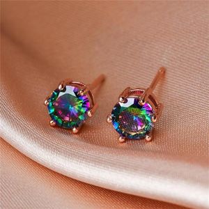 6MM Ronde Kleine Steen Regenboog Zirkoon Stud Oorbellen Voor Vrouwen Vintage Mode Kristal Rose Goud Zwart Goud Zilver Kleur Earrings3315