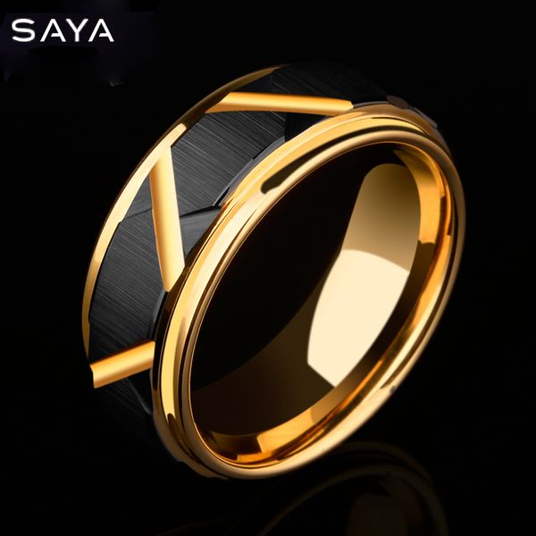 Anillo de bodas de carburo de tungsteno de 6 mm de ancho Diseño facetado negro Banda para hombres Chapado en oro Ajuste cómodo interior 5-11.5 Nueva llegada Y1128