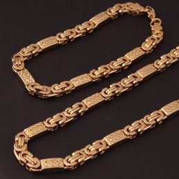 6 mm8 mm gouden tint 316L roestvrijstalen ketting en armband Byzantijnse platte keten sieraden set mannen sieraden cadeau7579967
