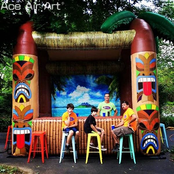 6mWx4mW Concession de bar gonflable Tiki et stand de boissons avec trois fenêtres et toile de fond de Tahiti pour les vacances d'été ou une fête en vente