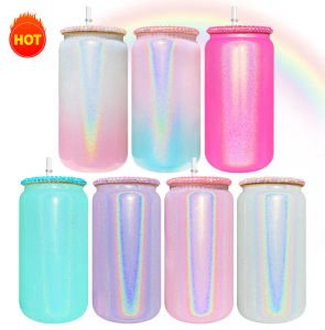 Pot de bière en verre de 16 oz, pot en verre à paillettes scintillantes, couvercle en plastique remplaçable multicolore avec strass pour le transfert de chaleur par sublimation FY5804 0108