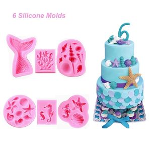 Paquete de 6 moldes de gelatina para pastel con tema marino/Cola de sirena, Fondant, molde para cupcakes hecho a mano, encantadora estrella de mar, concha de silicona