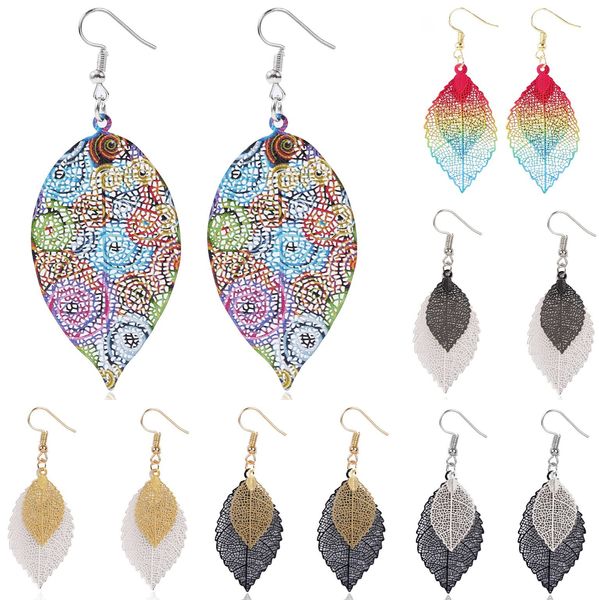 coloré 6 paires 18K or plaqué argent charme feuilles feuille Dangle ensemble simple longue barre double métal torsion vague enfileur boucles d'oreilles pour femmes mode boucle d'oreille