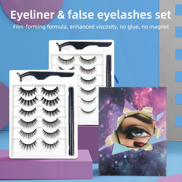 6 paires / set kit de faux cils faux cils de vison 3D avec eye-liner adhésif et pince à épiler naturel épais longs cils extension maquillage sans cruauté