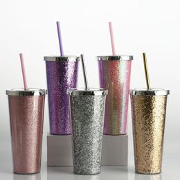 6 stks 24oz Glitter Straight Plastic Straw Cup met Deksel Sport Waterfles Coated Sequinse Shinny Coffee Ice Water Milk Mug Bar Party H380WLJ