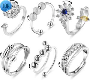 6pcs Anti anxiété anneau agité pour les femmes anneau ajusté ouvert CZ CUBIC Zirconi anneaux de diamant rotation anneaux de perles rotatif