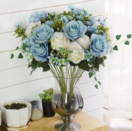 6 stks kunstmatige 11head rose bloem blad stengel voor bruiloft bruids boeket thuis kantoor hotel decoratie