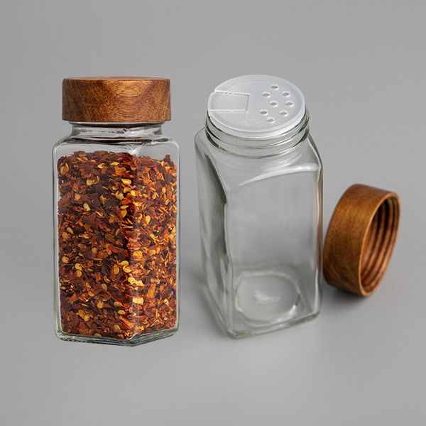 6pcs Bamboo Cover Verre Jars d'assaisonnement Transparent Square Assaisonnement Bottle Poipper Storage Spices Organisateur Accessoires de cuisine