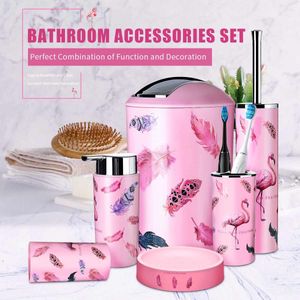 6 stks Badkamer Accessroies Set Lotion Dispenser Soap Dish Dustbin Was Tuimelaar Toilet Borstel Tandenborstel Cup Storage Gereedschap Roze LJ201204