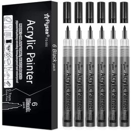 Stylo de peinture noir pour peinture sur roche, pointe Extra Fine de 07mm, marqueurs à base d'eau, pierre acrylique et céramique, 6 pièces, 231220