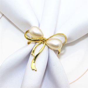 6pcs Bow Rose Gold Napkin Rings Parels servethouders voor bruiloft Banquet Home Party Eetting Table Decoratios ERP34