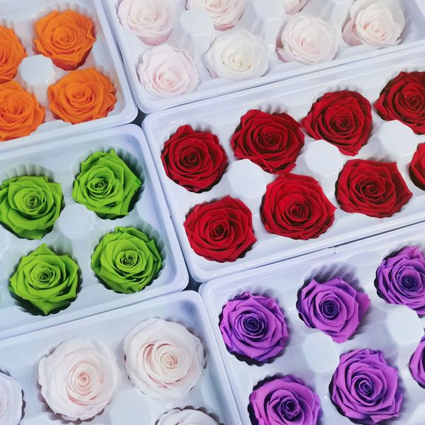 6pcs / boîte 8pcs / boîte en gros de qualité une qualité belle têtes de fleurs conservées réelles roses roses éternes roses de fleur éternelle 4-5cm 5-6cm pour la décoration intérieure