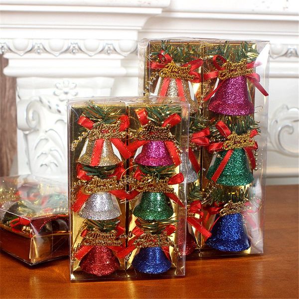 6 piezas/caja de árboles de Navidad Bells de color oro en color Polvo decorativo Campana de plástico Ornamentos de Navidad Accesorios Decoración de año nuevo