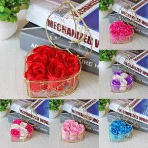 6 stuks doos handgemaakte geurende roos zeep bloem romantische bad body zeep roos met vergulde mand voor valentijn huwelijkscadeau 0206