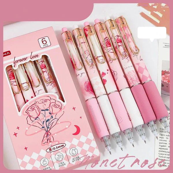 6pcs / box Retro Floral Gel stylo vintage de style européen fleur de fleur de papeterie esthétique 0,5 mm Étudiant d'encre noire