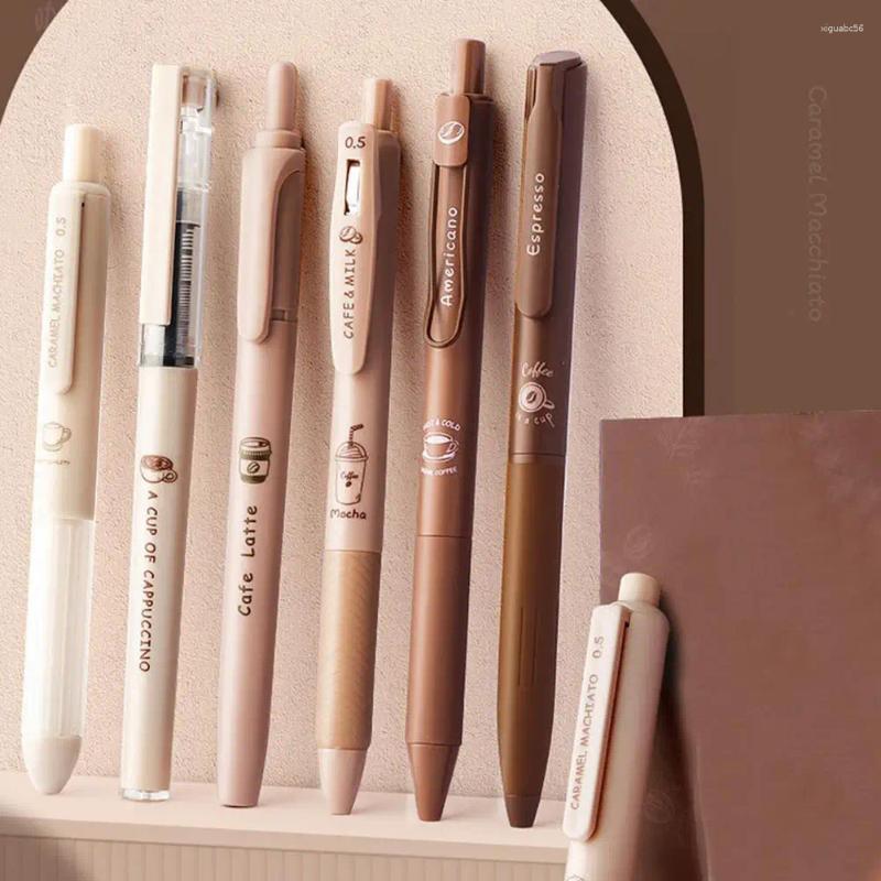 6Pcs Cute Coffee Pens Smooth Writing Gel Ink Quick Drying 0.5mm Press Design Retractable School Office Supplies