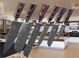 6 STKS Damascus Patroon Mes Damast Keukenmessen Chef SET Houten Handvat4243938