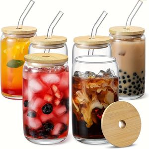 6 pièces, verres à boire couvercles et pailles en bambou, tasses en verre en forme de canette de 16 oz, bière, café glacé, gobelet mignon idéal pour le soda, le thé Boba, la queue, avec 2 gratuits