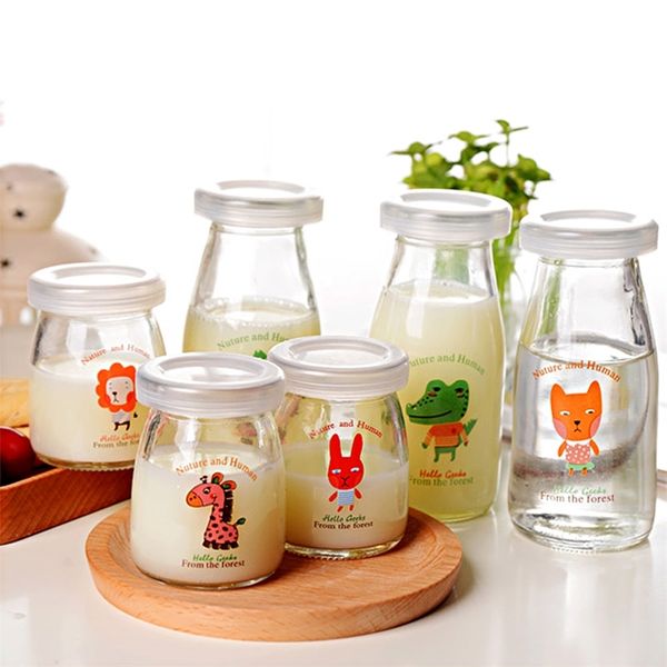 6 pcs frascos de vidro e tampas para iogurte desenhos animados DIY cozinhar garrafa de leite de alta temperatura garrafa de pudim Frascos de Vidrio Con Tapa 210331