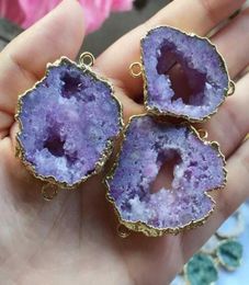 6pcs dorado color púrpura color morado de cuarzo druzy geode connectordrusy cristal gema de piedra cuentas colgantes joyas fin93005707321639