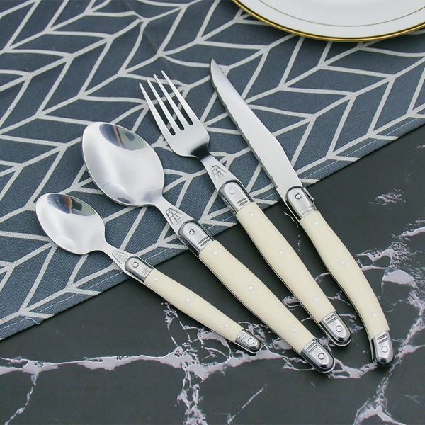 6 uds Laguiole cubiertos blancos cuchillos para carne de acero inoxidable tenedores de mesa cucharas para cena juego de cucharaditas de postre cubiertos pulidos con espejo 240106