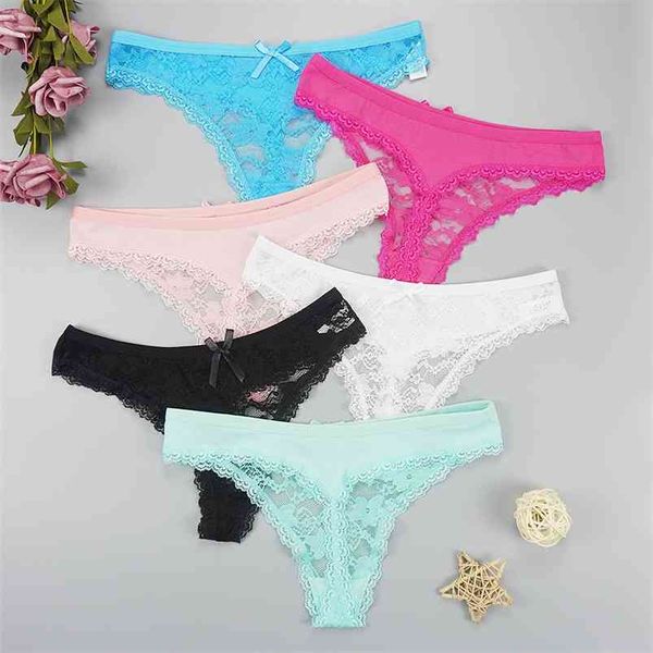 6 unids / lote G String Bragas de encaje completo Cintura baja Lencería sexy Transparente Calzoncillos para damas Ropa interior 40 210730