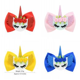 6pcs / lot beaux yeux bowknot hairgrips boutique ruban cheveux arc avec corne de licorne pinces à cheveux enfants épingles à cheveux pour filles 308 U2