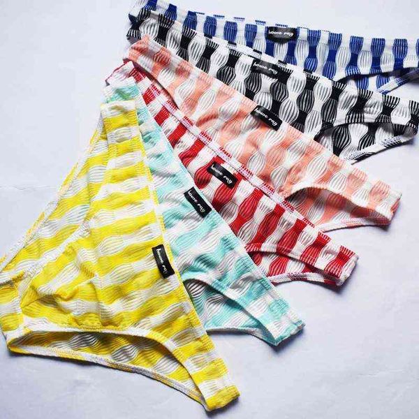 6PCS / Lot Hommes Slip Rayé Maille Calzoncillos Transparent U-convexe Poche Sous-Vêtements Slip Homme Gay Culotte Bikini Tanga Plus Taille T220816