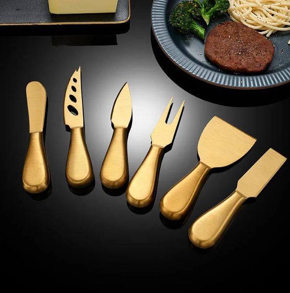 6 unids/lote cuchillo de mantequilla de acero inoxidable tenedor para queso juego de cubiertos para Pizza oro hogar restaurante cocina comedor cubiertos vajilla herramienta al por mayor