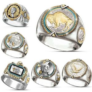 6 stks / lotship hop tweekleurige mannen band ringen buffalo nikkel eren De Amerikaanse west-etnische stijl sieraden heren ringmaat 7-12