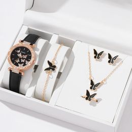 6 stuks luxe horloge dames ring ketting oorbellen armband set horloges vlinder lederen band dames quartz horloge geen doos 240102