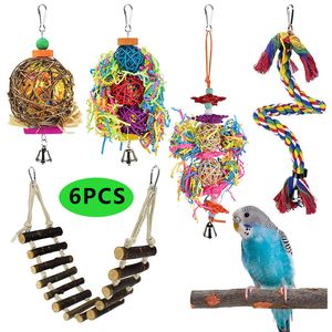 6pcs Parrot Bird Toys Wood Ladder corde stand mâteur morsure de rotin boudgie pochette coques de formation accessoires