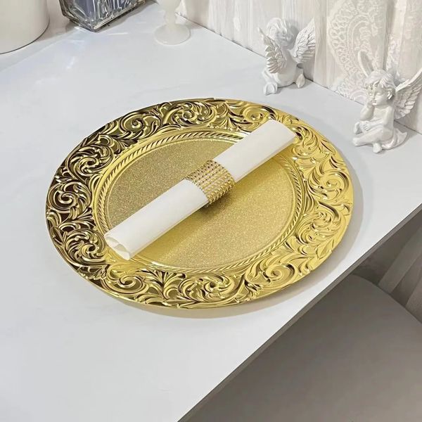 6 piezas de placas de cargador de oro de plástico 13 manteles individuales con dibujos redondos bandeja para servir boda decoración navideña de mesa ajuste de lugar 240318