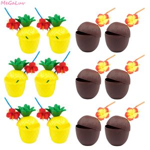 6 stks Plastic Tropische Pineapple Coconut Drinkbeker Fruit Vorm Juice Cups Hawaiian Luau Verjaardag Zomer Beach Pool Party Decor Y200903