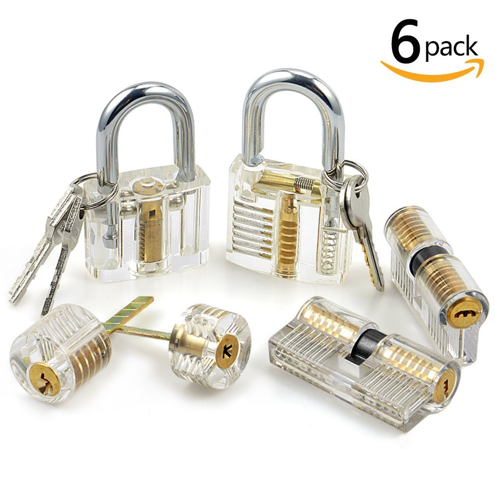 6pcs Practice Lock Set Locksmith Skill Trainning Lock Pick Tool Transparent Cutaway Crystal Pin Tumbler Keyed Padlock for Locksmith Beginner
