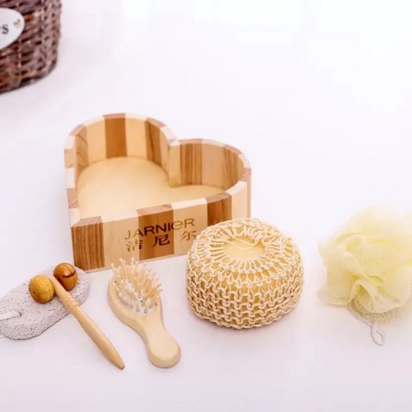 6 pièces promotionnel bois en forme de coeur coffret cadeau accessoire de bain Sisal éponge/peigne en bois/brosse de Massage/Spa/bain cadeau tt0218