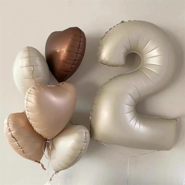 6pcs rétro caramel beige crème numéro de papier d'aluminium 18inch coeur enfants 1 2 3ème anniversaire baby shower fête décoration 231227