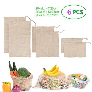 6 Stuks Herbruikbare Groentezak Wasbaar Katoen Mesh Eco String Zakken Voor Fruit Winkelen Keuken Opslag En Organisator 240125