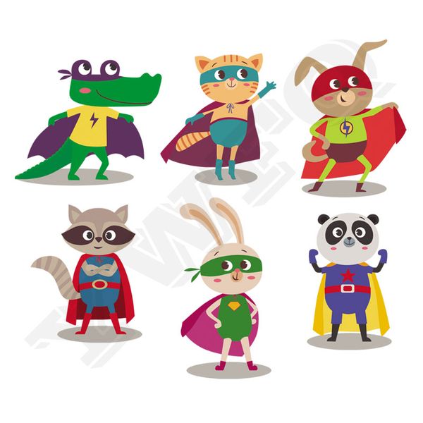 6PCS / Set Animal Super Hero Transferts Heat Watchable Ironing Stickers Badges Tiger Appliques Crocodile Patches pour enfants Cadeau