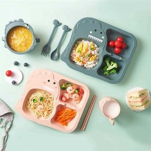 6pcs / set bébé dessin animé dinosaure vaisselle vaisselle pour enfants ensemble maison anti-blé paille plaque de formation enfants plats d'alimentation 211027