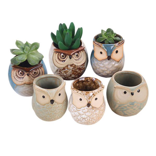 6 Unids / set Maceta de Búho de Cerámica Planta Suculenta Cactus Maceta Contenedor Maceta Bonsai Macetas H99F 210615