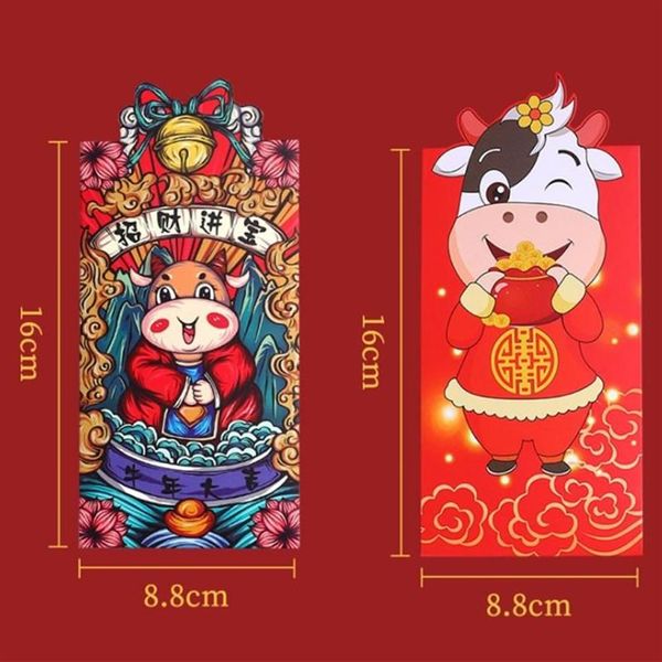 Ensemble de 6 enveloppes d'argent rouge du nouvel an chinois, année du bœuf, dessin animé, sac d'argent 188z